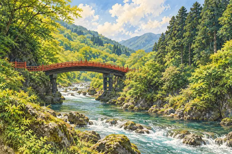 朱色の神橋と清流、深い緑に包まれる日光の風景を描いたイラスト